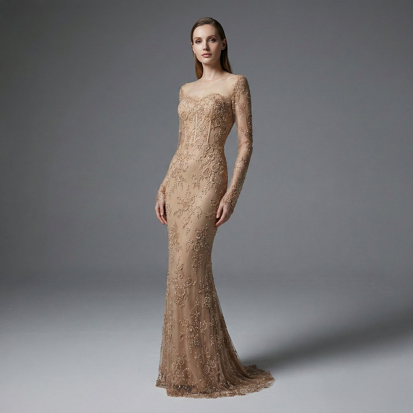 Elegant Nude Pink Lace Tulle Long Sleeve Mermaid Evening Dress LA72545