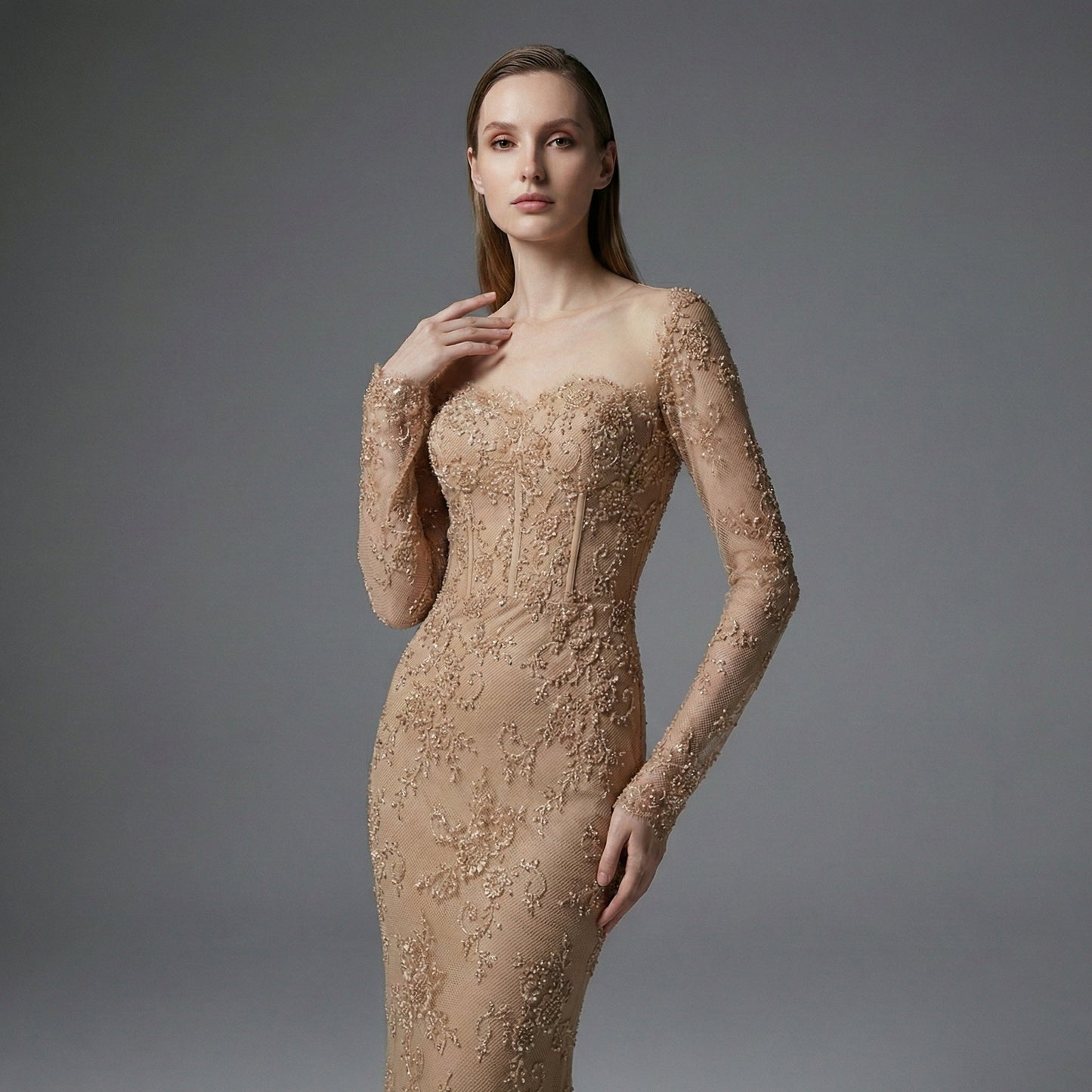 Elegant Nude Pink Lace Tulle Long Sleeve Mermaid Evening Dress LA72545