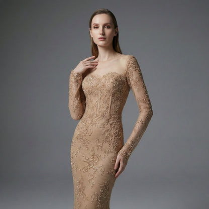 Elegant Nude Pink Lace Tulle Long Sleeve Mermaid Evening Dress LA72545
