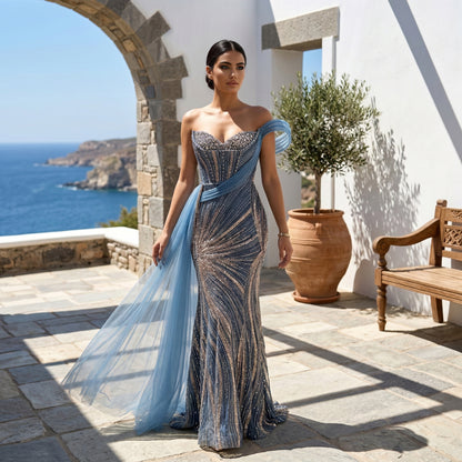 Luxury Blue Crystal Beaded Mermaid Evening Dress Party Gown LA73425