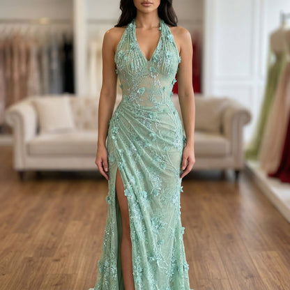 Halter Neck Sage Green Lace Floral Corset Evening Dress with Slit LA73472