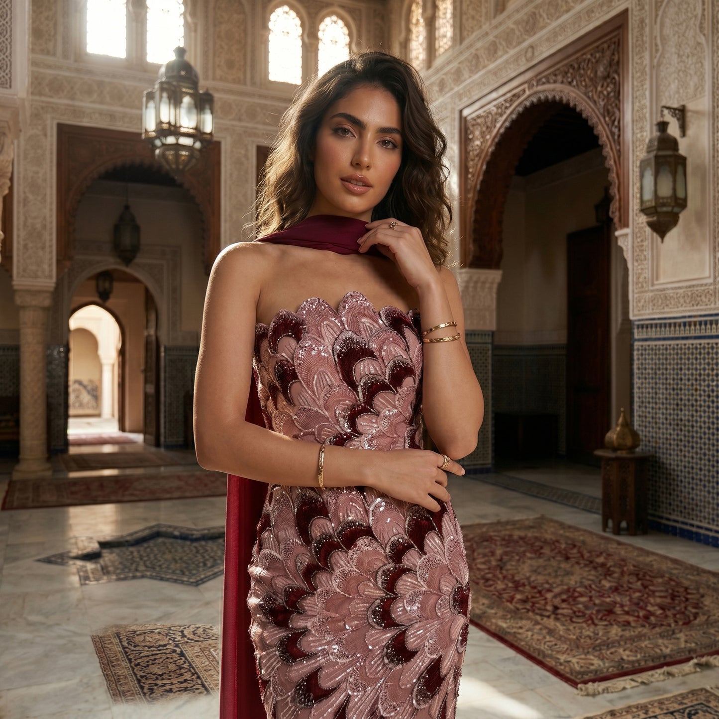 Luxury Pink Strapless Beaded Mermaid Evening Dress with Scarf LA73607