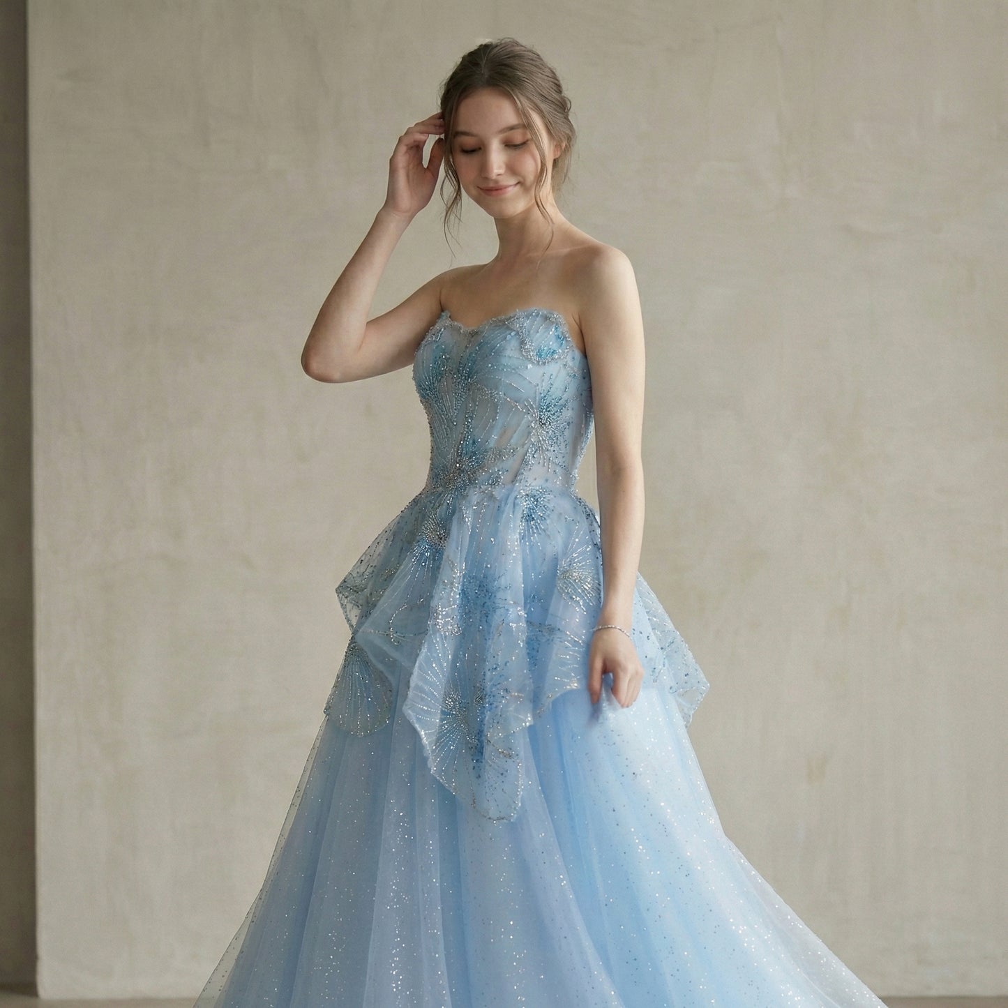 Peach Floral Appliqué A-Line Sparkly Evening Dress for Prom Party LA73185