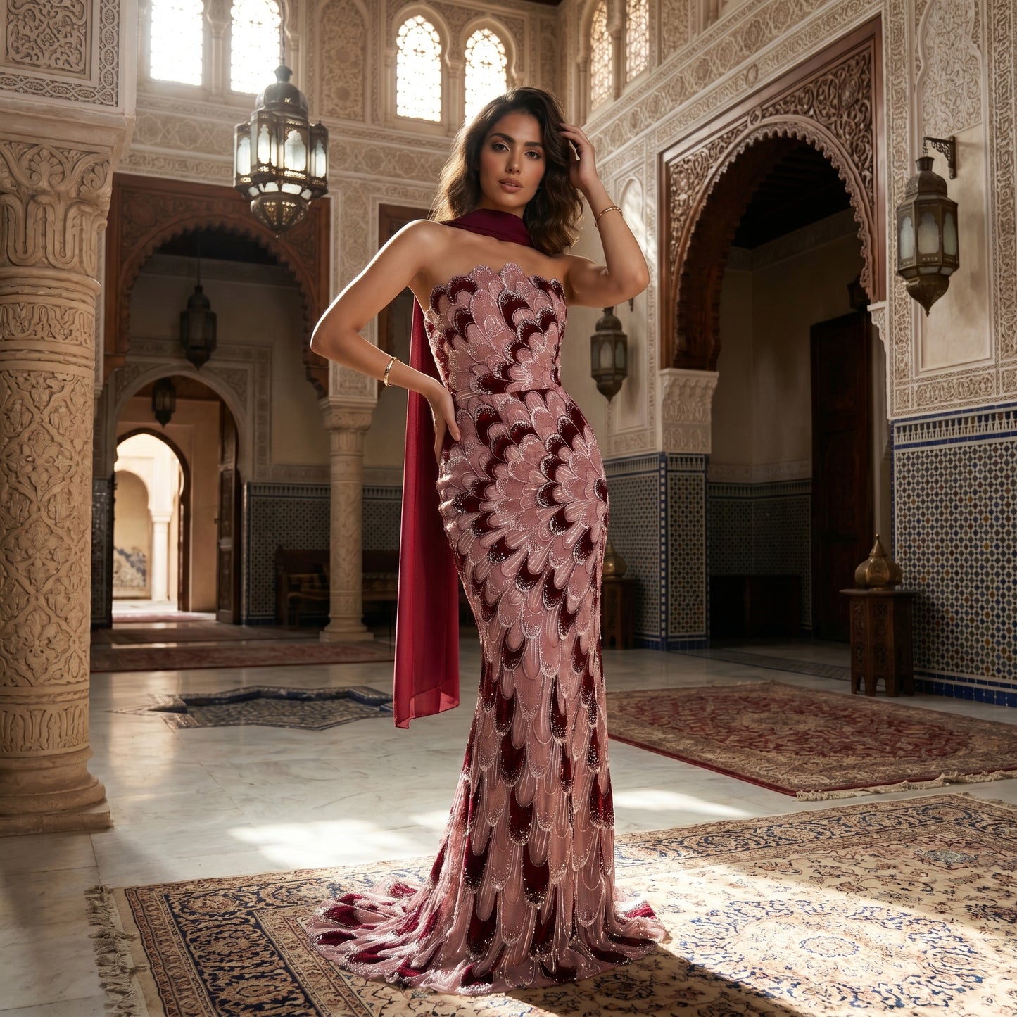 Luxury Pink Strapless Beaded Mermaid Evening Dress with Scarf LA73607