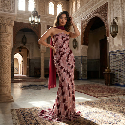 Luxury Pink Strapless Beaded Mermaid Evening Dress with Scarf LA73607