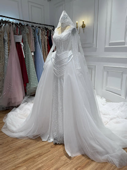 Luxury White Long Sleeve Beaded Corset Wedding Dress HA2535