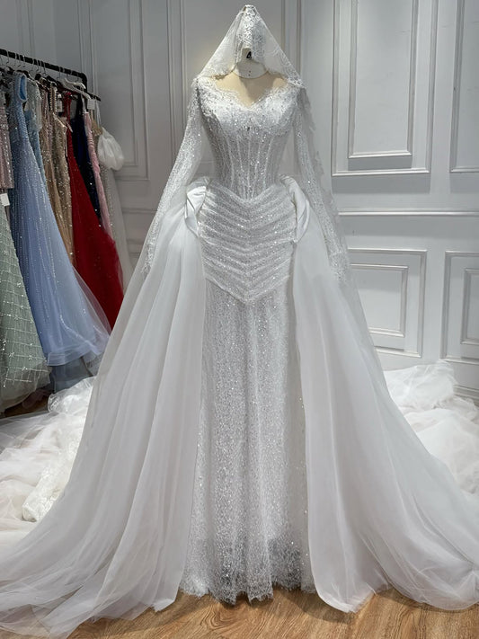Luxury White Long Sleeve Beaded Corset Wedding Dress HA2535