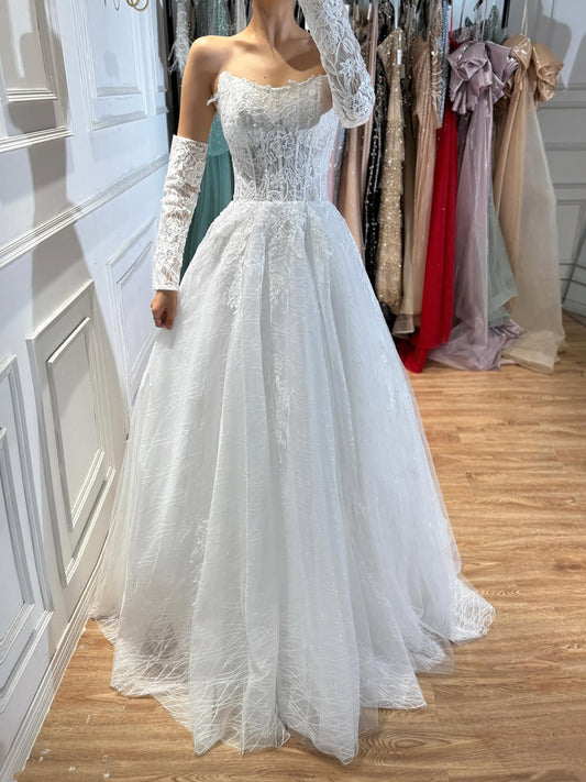Luxury White Strapless Lace Corset Detachable Sleeve A Line Dress HA2536