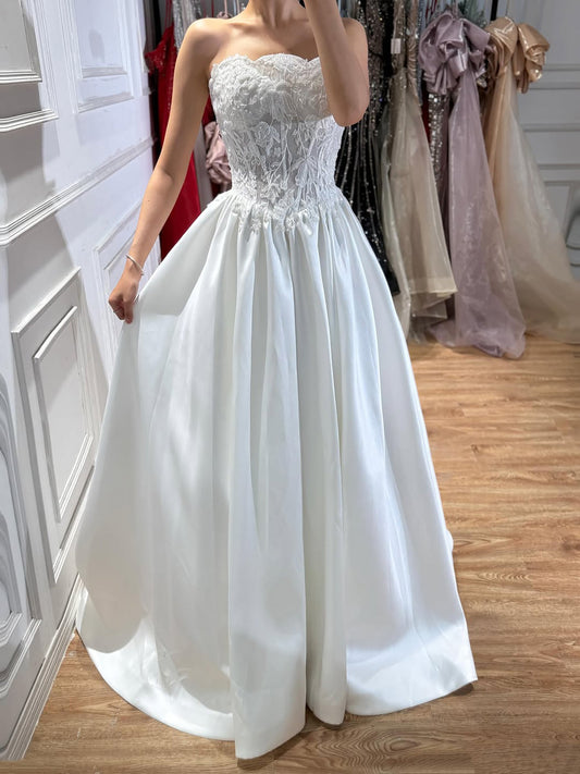 Luxury White Strapless See Through Lace Corset Satin A Line Dress HA2537
