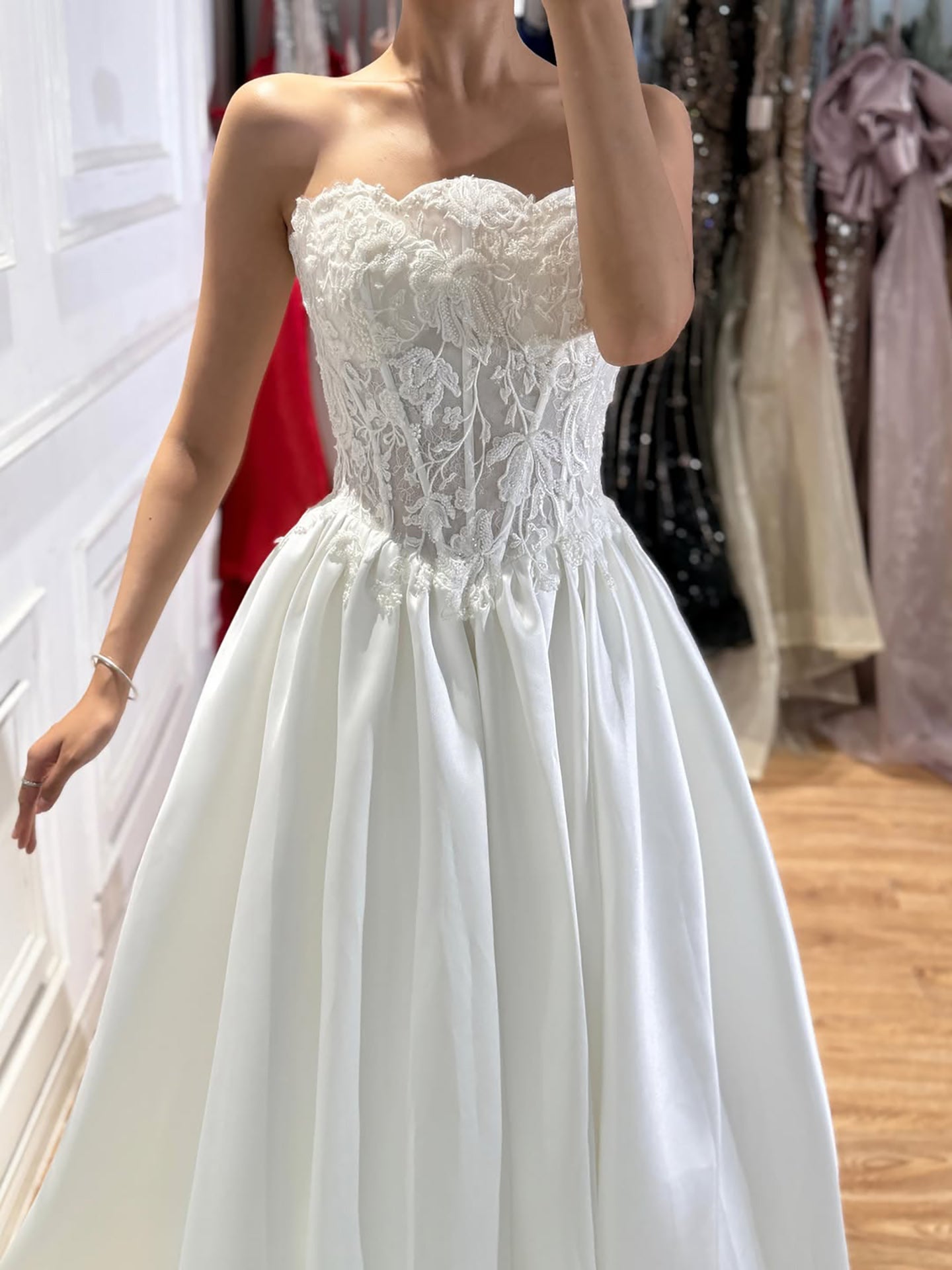 Luxury White Strapless See Through Lace Corset Satin A Line Dress HA2537