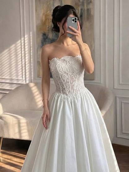 Luxury White Strapless See Through Lace Corset Satin A Line Dress HA2537