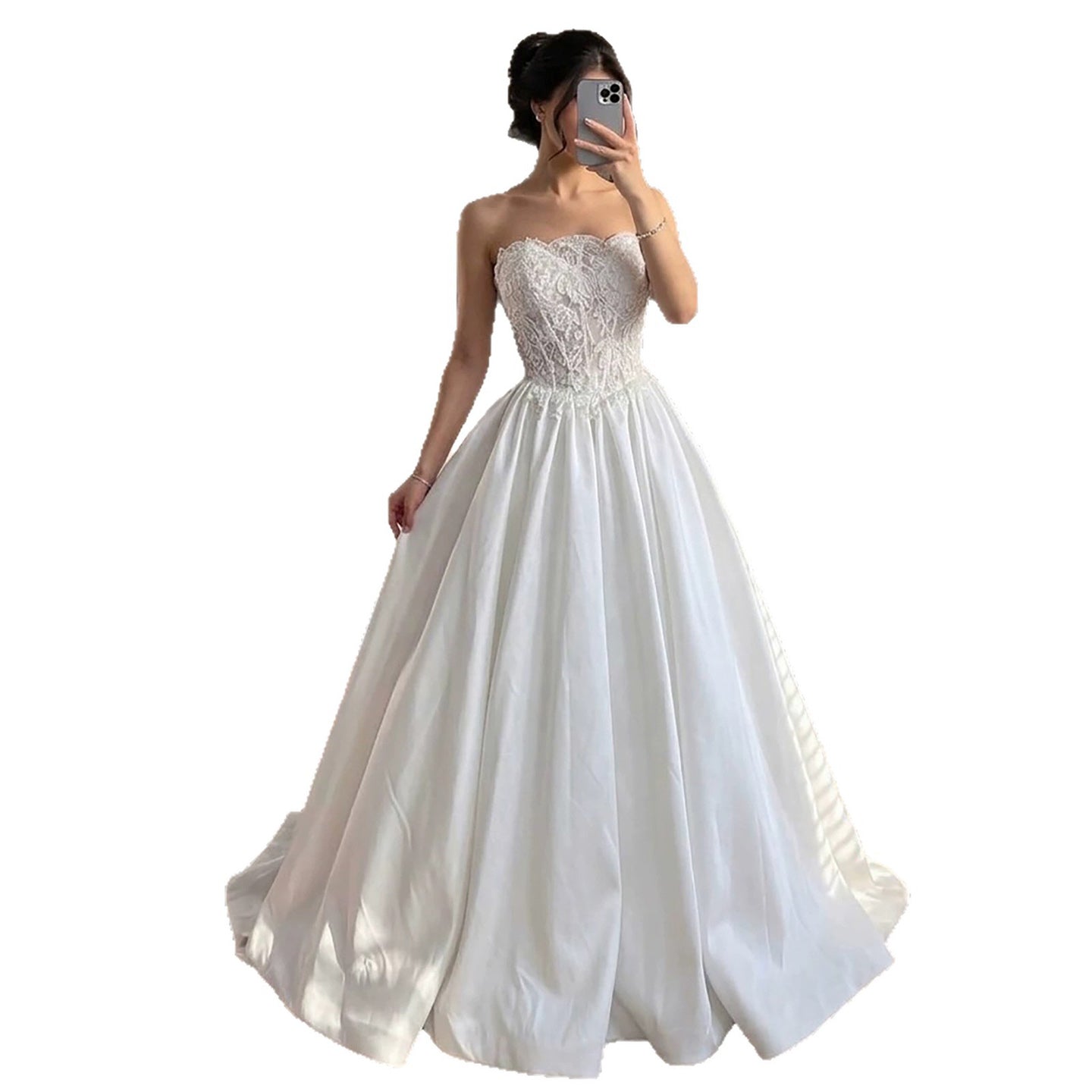 Luxury White Strapless See Through Lace Corset Satin A Line Dress HA2537
