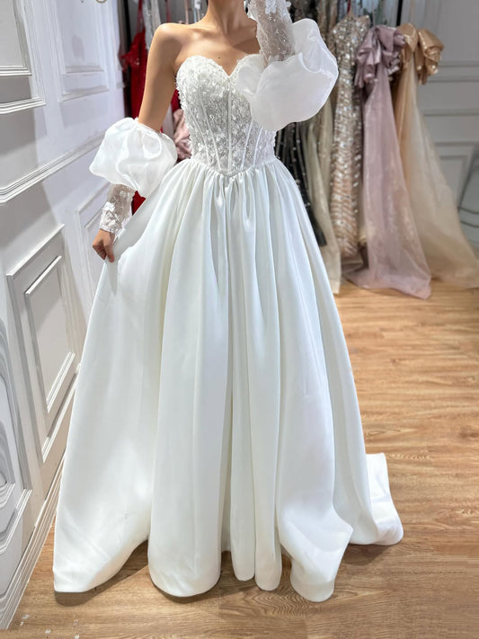 Luxury White Off Shoulder Beaded Basque Corset Puff Sleeve Dress HA2538