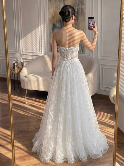 Luxury White Lace Strapless A-Line Bridal Wedding Dress HA2539