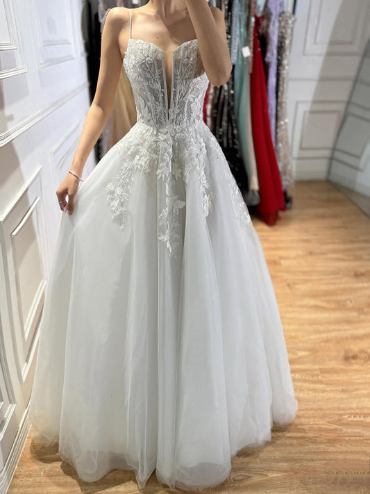 Luxury White Lace Spaghetti Straps Deep V-Neck Wedding Dress HA2540