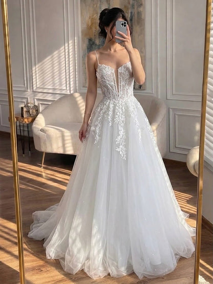 Luxury White Lace Spaghetti Straps Deep V-Neck Wedding Dress HA2540