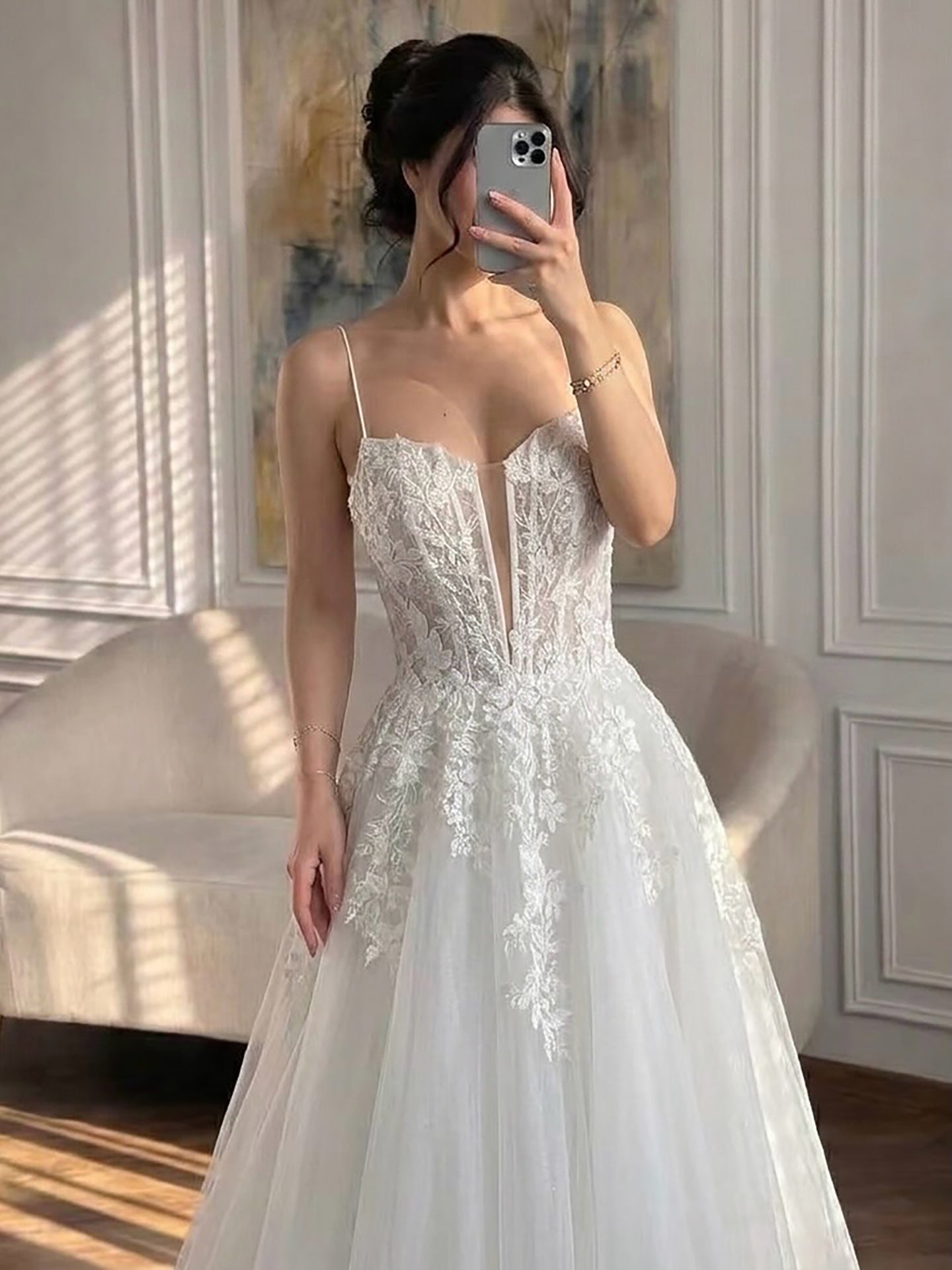 Luxury White Lace Spaghetti Straps Deep V-Neck Wedding Dress HA2540