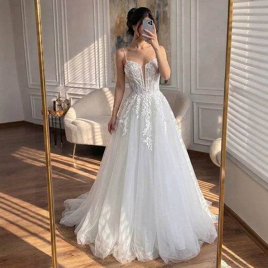 Luxury White Lace Spaghetti Straps Deep V-Neck Wedding Dress HA2540