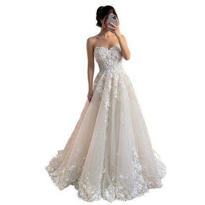 Luxury White Lace Strapless 3D Floral Pearl A-Line Wedding Dress HA2542