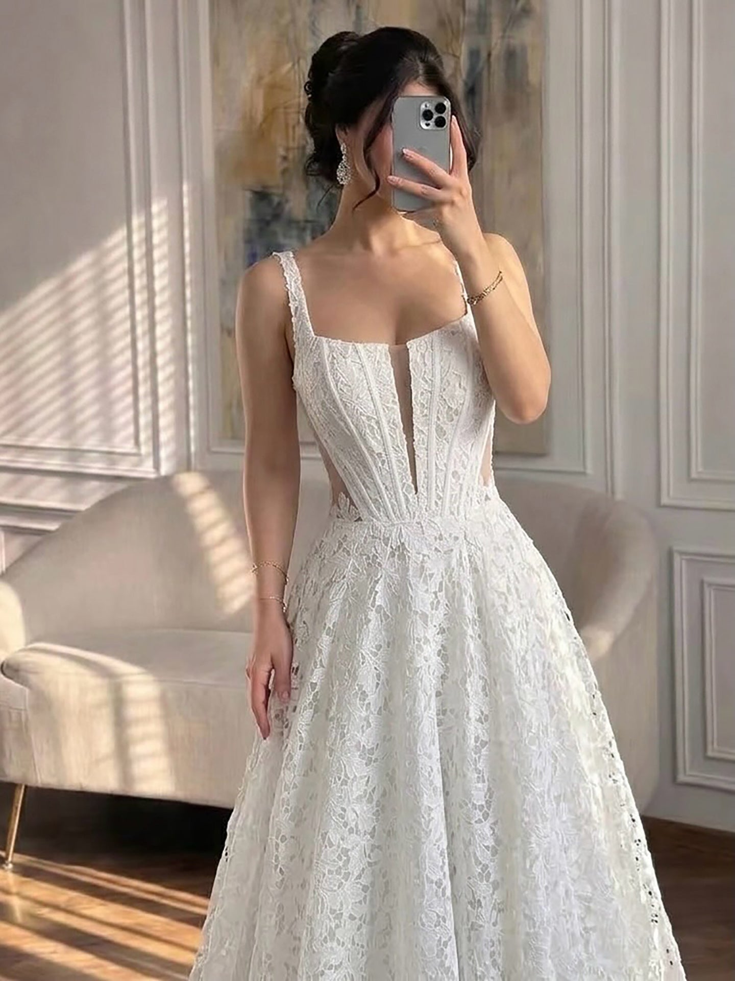 Luxury White Lace Square Neck Deep V Cutout A-Line Wedding Dress HA2543