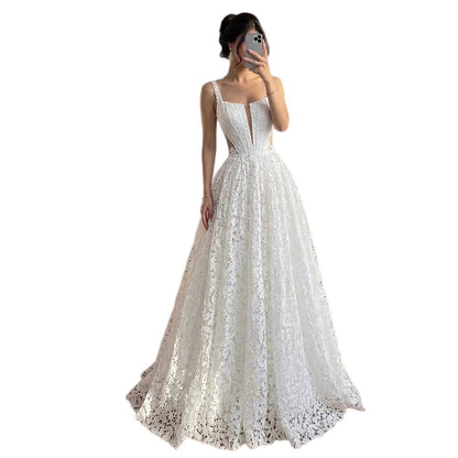 Luxury White Lace Square Neck Deep V Cutout A-Line Wedding Dress HA2543