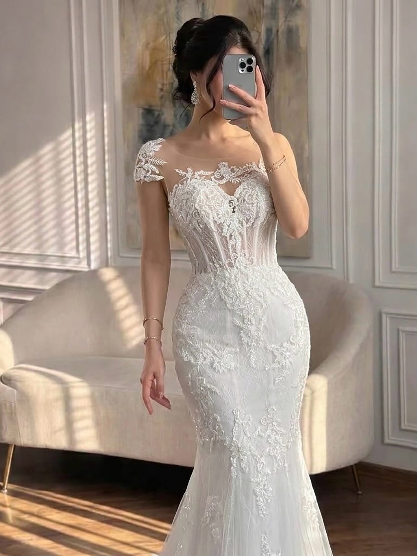 Luxury White Beaded Lace Mermaid Bridal Wedding Dress HA2544