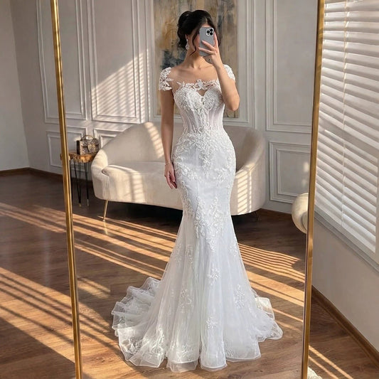 Luxury White Beaded Lace Mermaid Bridal Wedding Dress HA2544