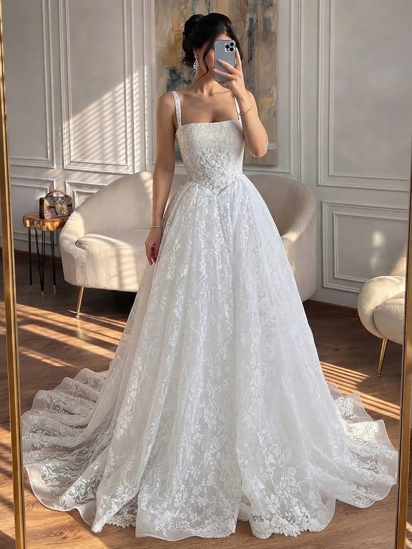 Luxury White Floral Lace A Line Wedding Dress HA2548