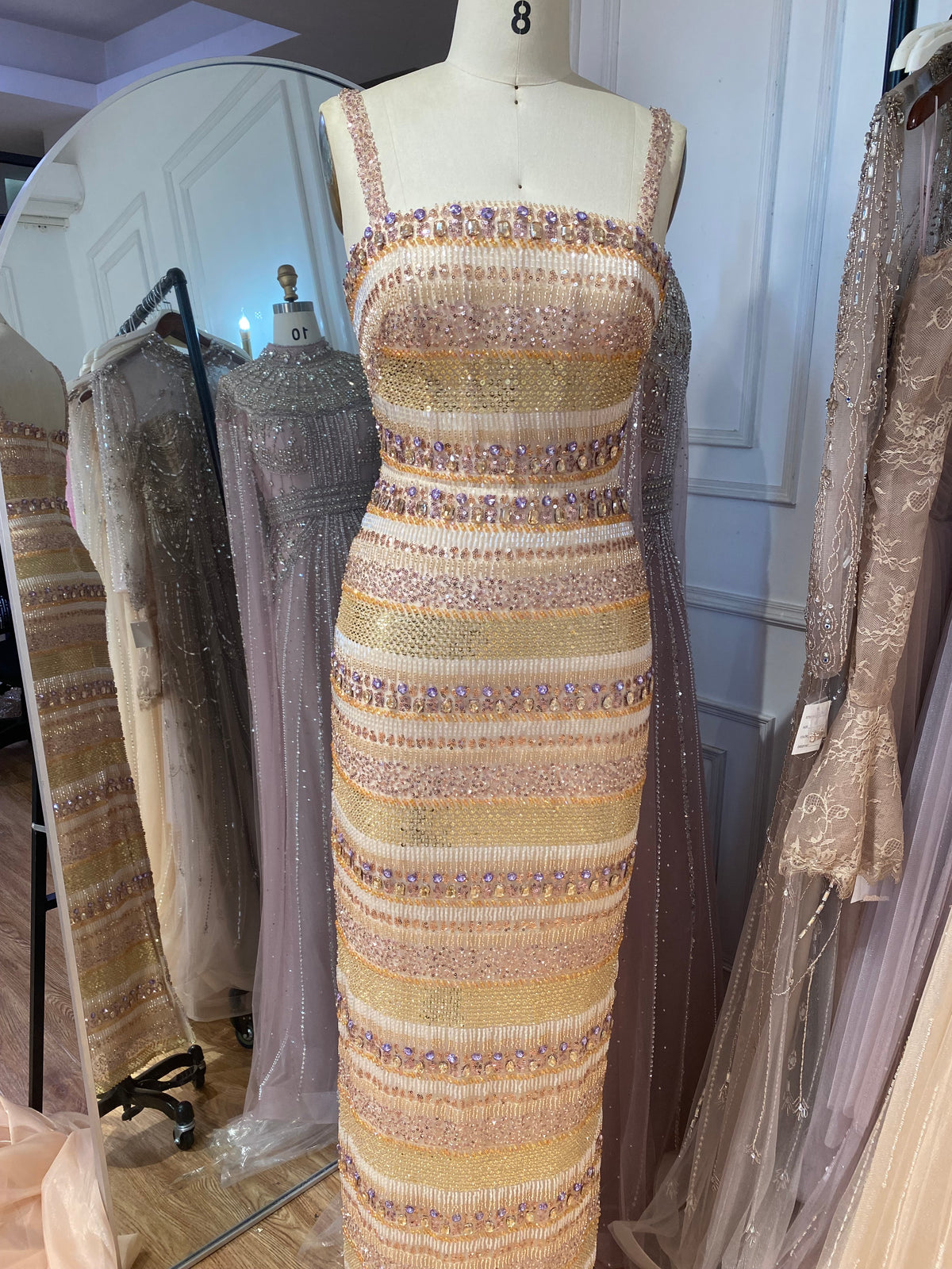 Nude Beaded Evening Dress with Matching Long Sleeve Cape LA73941