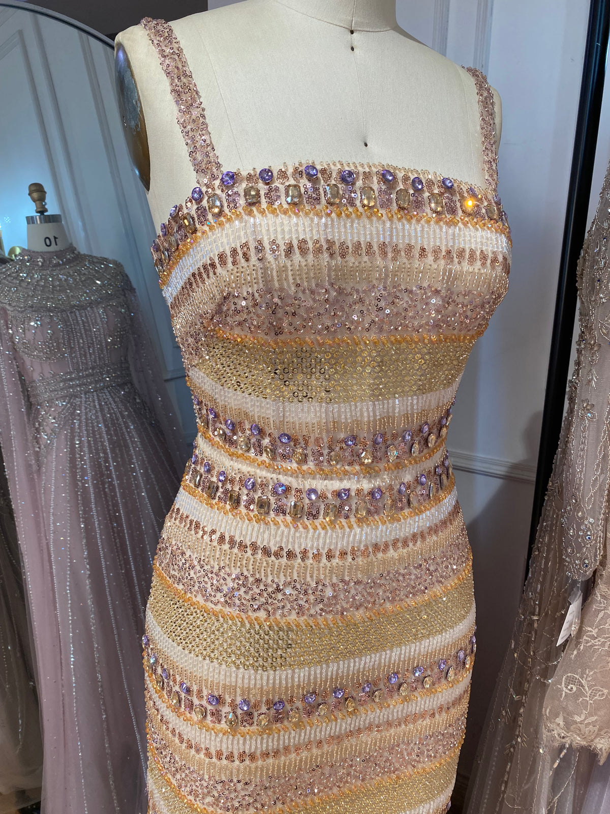 Nude Beaded Evening Dress with Matching Long Sleeve Cape LA73941