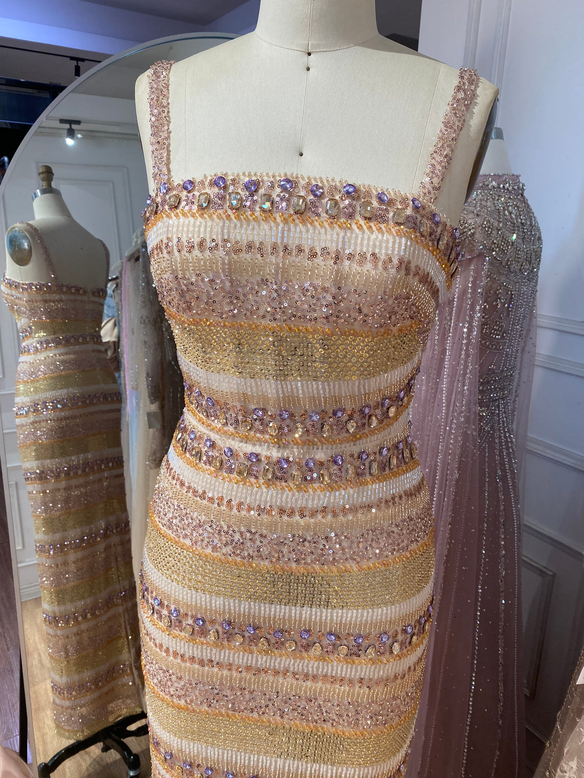 Nude Beaded Evening Dress with Matching Long Sleeve Cape LA73941