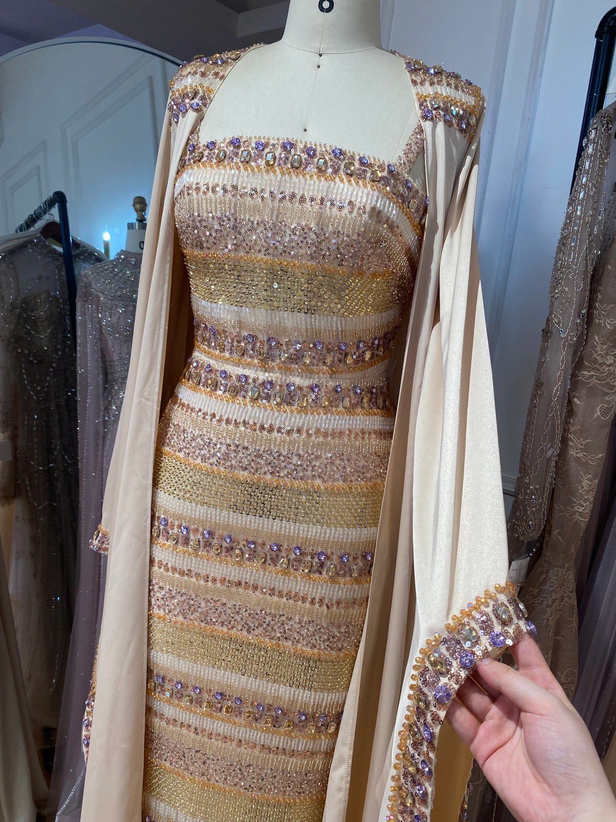 Nude Beaded Evening Dress with Matching Long Sleeve Cape LA73941
