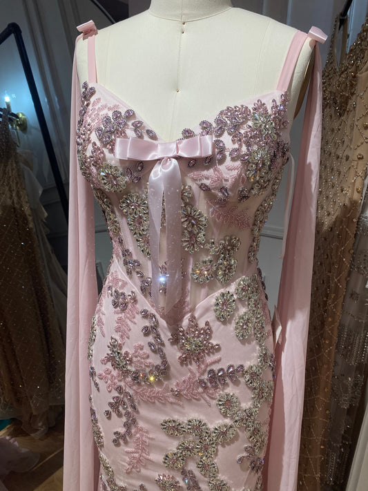 Pink Sweetheart Beaded Mermaid Evening Dress with Bow Decoration LA73714