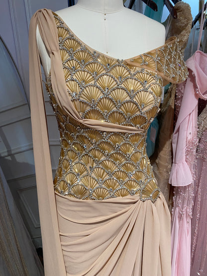 Gold Beaded One Shoulder Mermaid Evening Dress with Chiffon Skirt LA73780