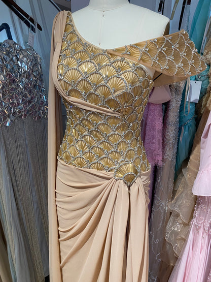 Gold Beaded One Shoulder Mermaid Evening Dress with Chiffon Skirt LA73780