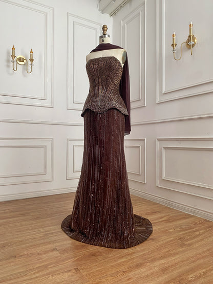 Brown Arabic Style Strapless Beaded Evening Dress with Scraf LA73444