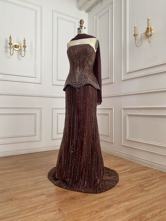 Brown Arabic Style Strapless Beaded Evening Dress with Scraf MN73444
