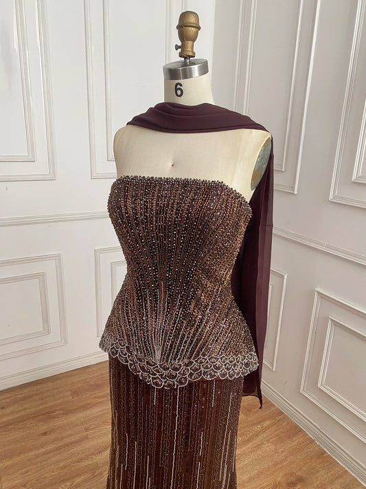 Brown Arabic Style Strapless Beaded Evening Dress with Scraf MN73444