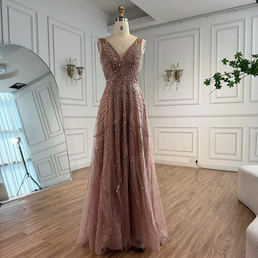 Luxury Rose Gold Beaded Evening Dress Fromal Party Gown MN70287
