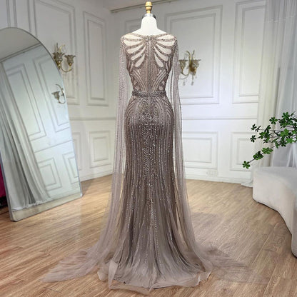 Luxury Brown Beaded Mermaid Evening Dress with Cape Sleeves LA70638