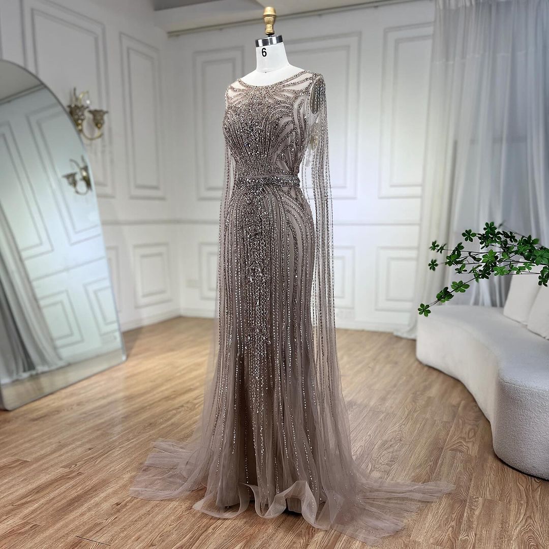 Luxury Brown Beaded Mermaid Evening Dress with Cape Sleeves LA70638