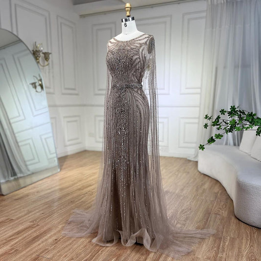 Luxury Brown Beaded Mermaid Evening Dress with Cape Sleeves LA70638