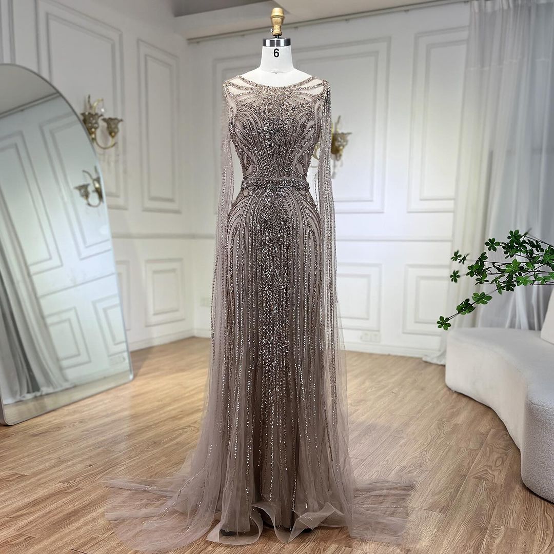 Luxury Brown Beaded Mermaid Evening Dress with Cape Sleeves LA70638