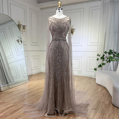 Luxury Brown Beaded Mermaid Evening Dress with Cape Sleeves LA70638