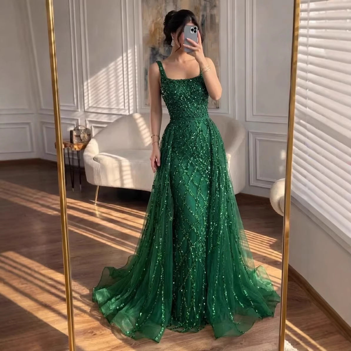 Emermad Green Beaded Mermaid Evening Dress with Slit Gown with Detachable Overskirt LA70765