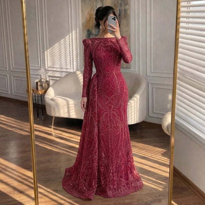 Blue Elegant Modest Beaded Evening Dress Gowns For Wedding Guest LA71833
