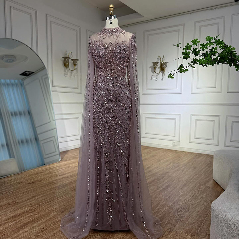 Luxury Modest Nude Mermaid Evening Dress with Cape Sleeves LA71885A