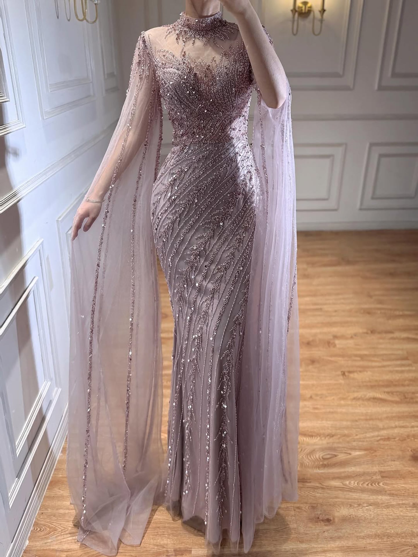 Luxury Modest Nude Mermaid Evening Dress with Cape Sleeves LA71885A