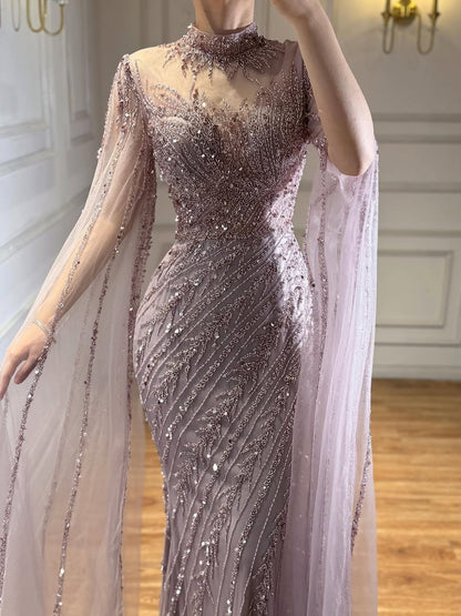 Luxury Modest Nude Mermaid Evening Dress with Cape Sleeves LA71885A