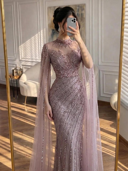 Luxury Modest Nude Mermaid Evening Dress with Cape Sleeves LA71885A